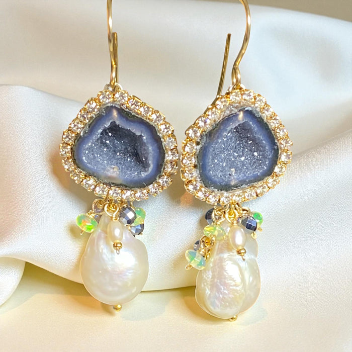 Black Tabasco Geode Earrings with White Baroque Pearls and Opal Clusters