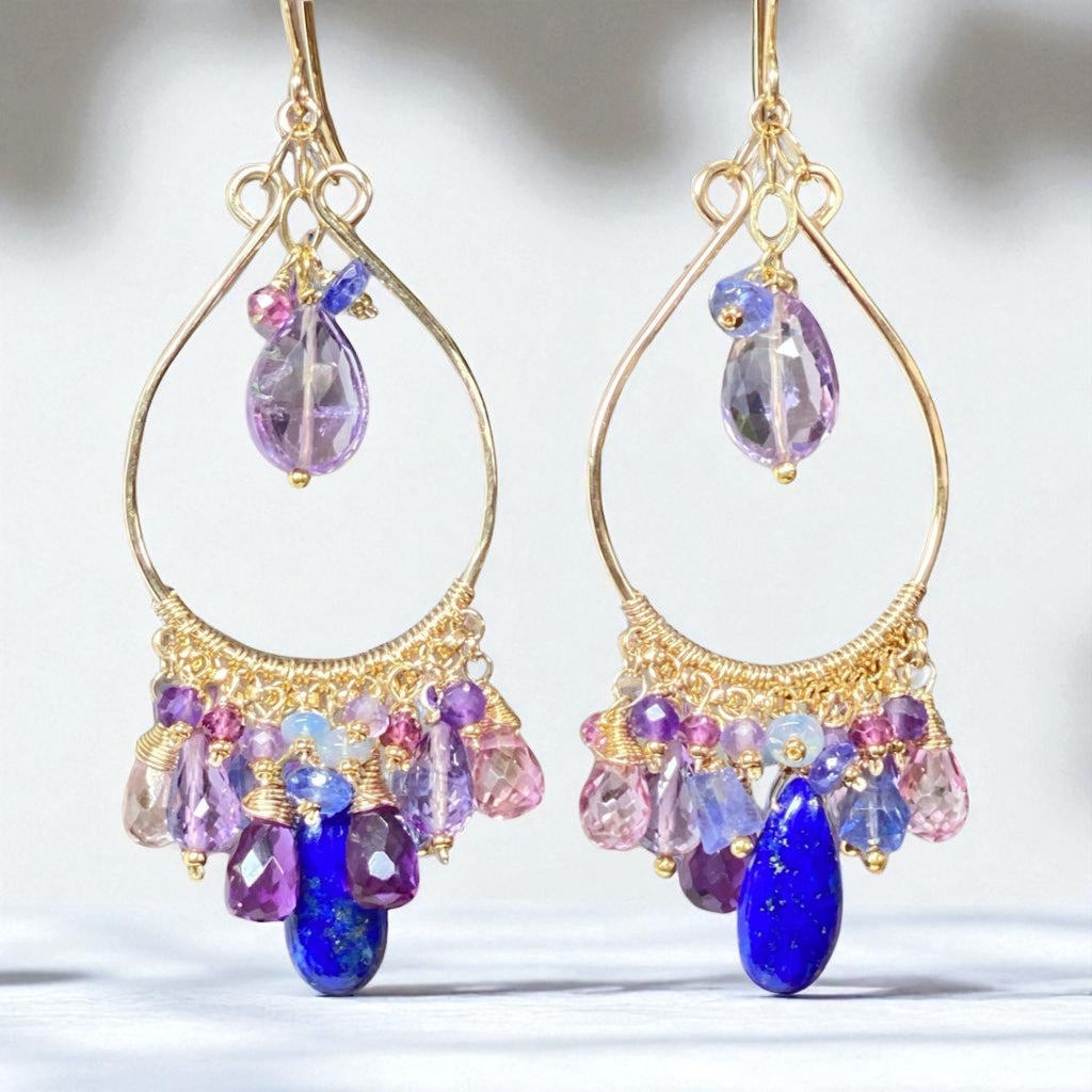 Gemstone Statement Chandelier Earrings in Pink, Lavender, Blue, Purple 3