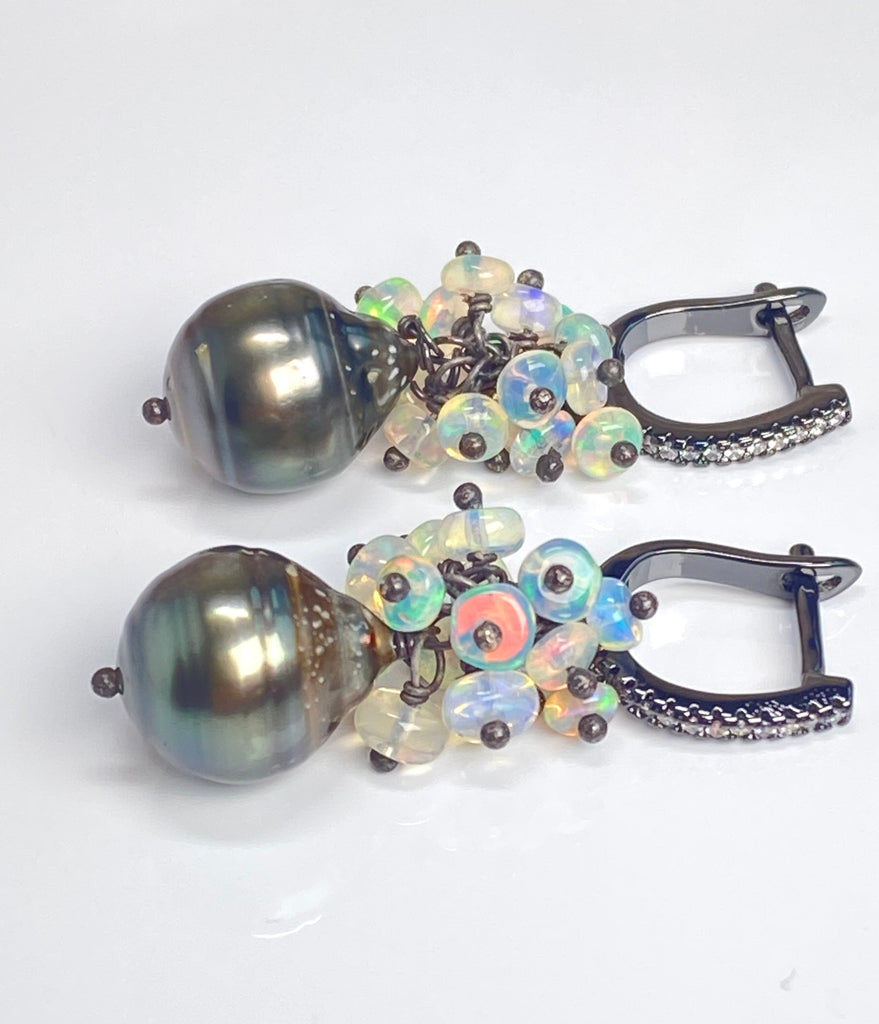 Tahitian Pearl and Opal Cluster Earrings Oxidized Sterling Silver