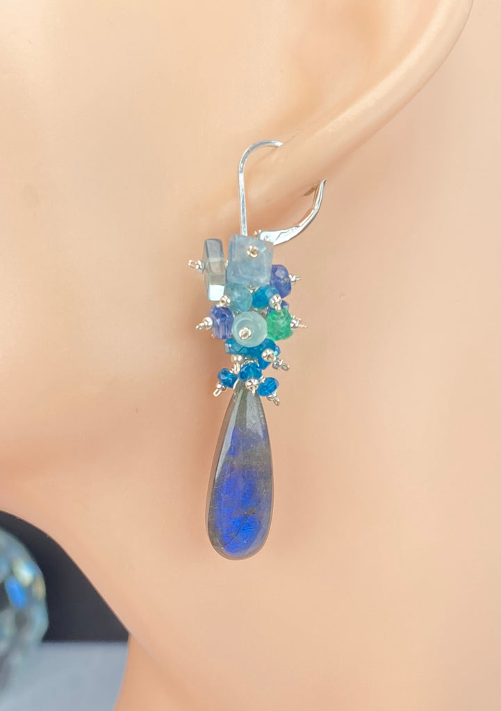 Blue Labradorite Long Gemstone Cluster Earrings in Blue, Green, Sterling Silver