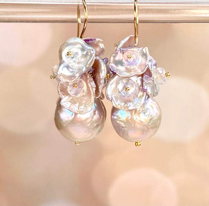 Silver Gray AAAA Pearl Cluster Earrings with Lavender Keishi and Rainbow Moonstone