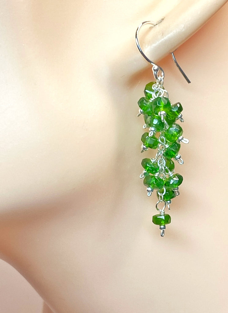 Green Chrome Diopside Gemstone Dangle Cluster Earrings Sterling Silver