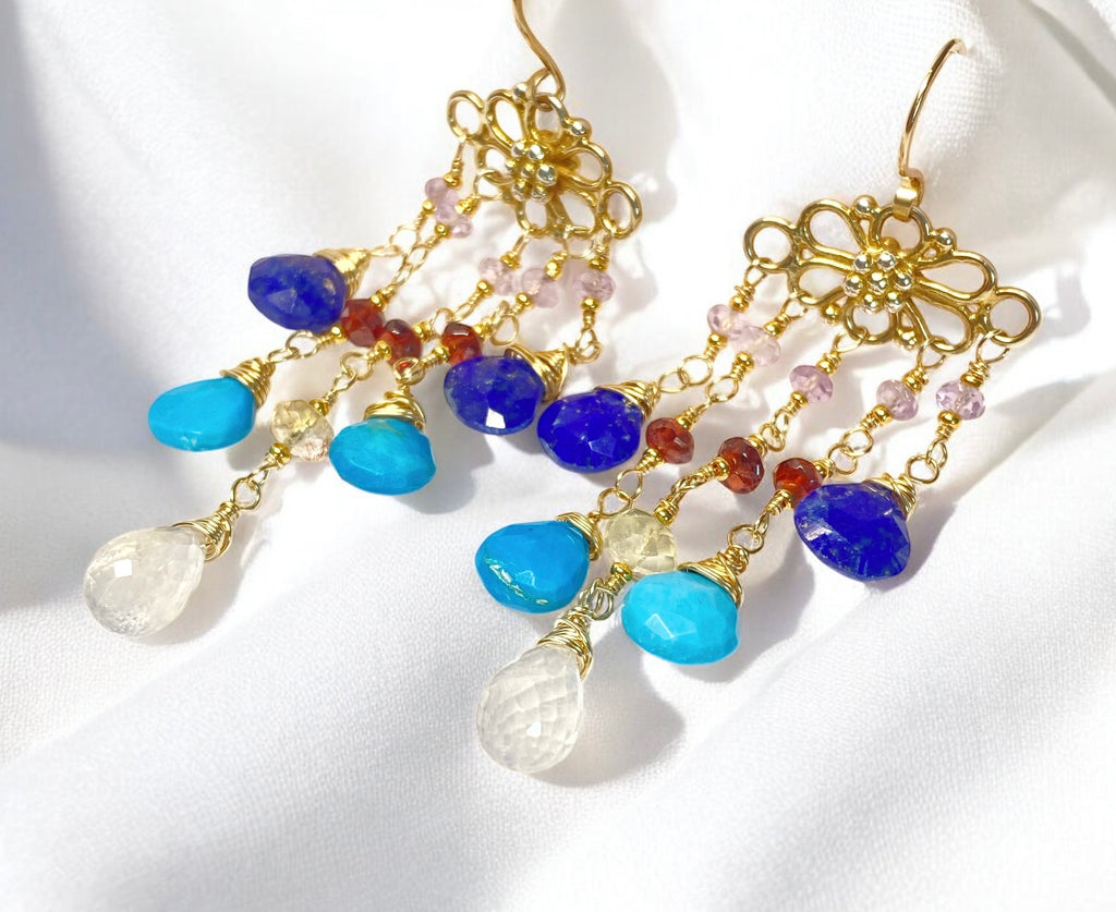 Turquoise, Blue Lapis, Moonstone and Garnet Chandelier Earring - Doolittle