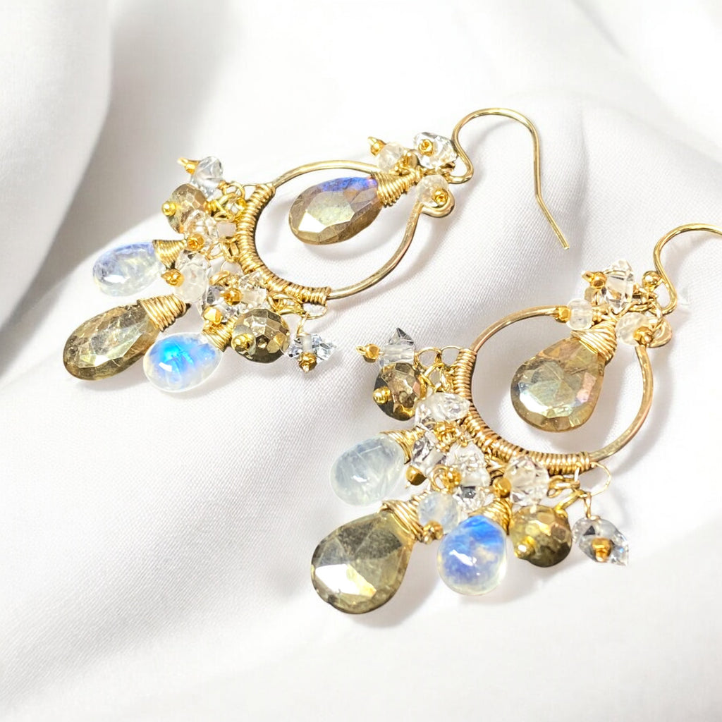 Rainbow Moonstone Gold Labradorite Chandelier Hoop Earrings Gold Fill