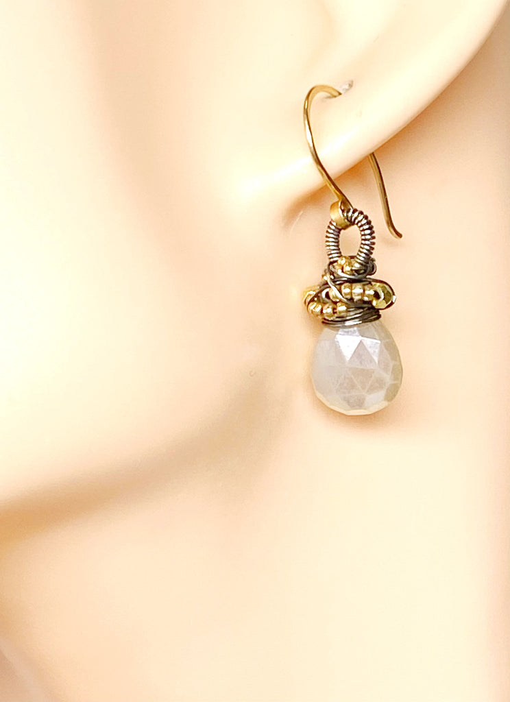 Mystic Ivory Chalcedony Mixed Metal Necklace Earrings Set