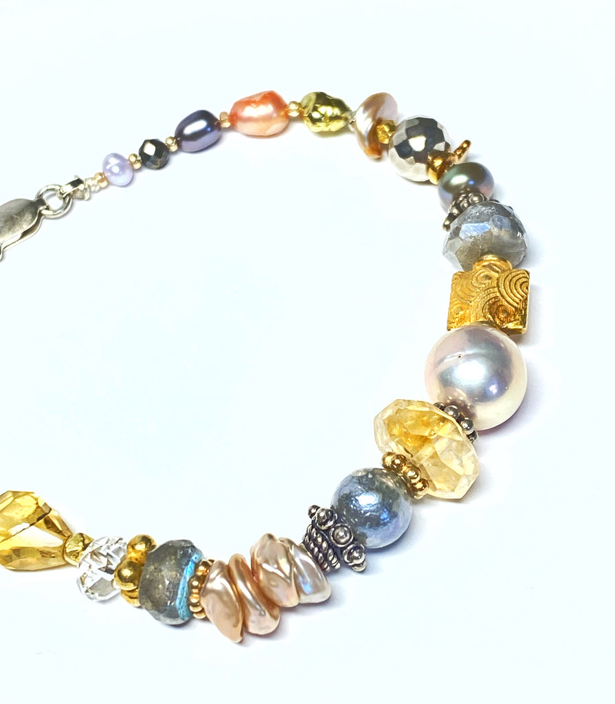 Citrine, Pearl, Labradorite Bracelet Gold and Silver, Mixed Metals