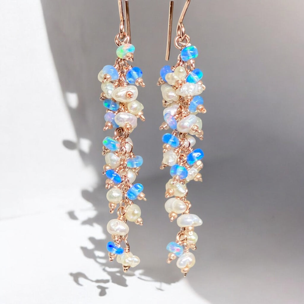 Blue Ethiopian Opal and Keishi Pearl Tassel Dangle Earrings Rose Gold