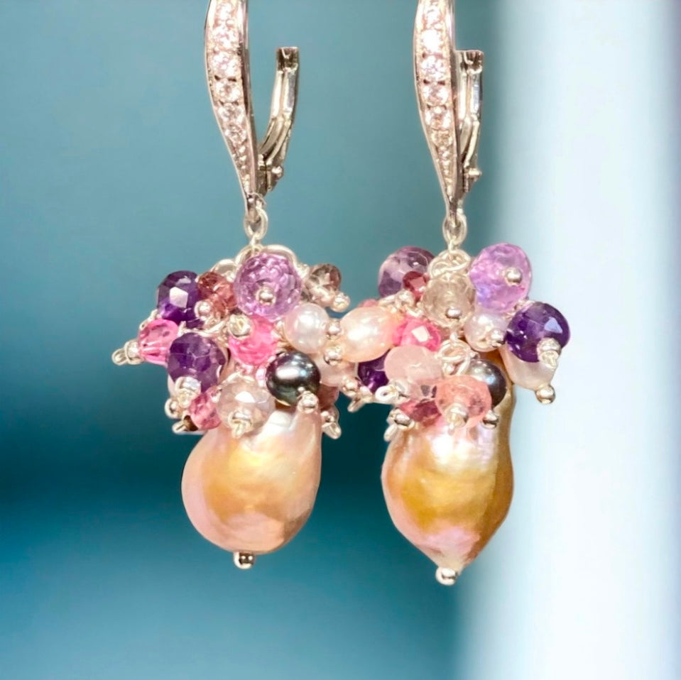 Baroque Pearl Amethyst Cluster Earrings Sterling SIlver