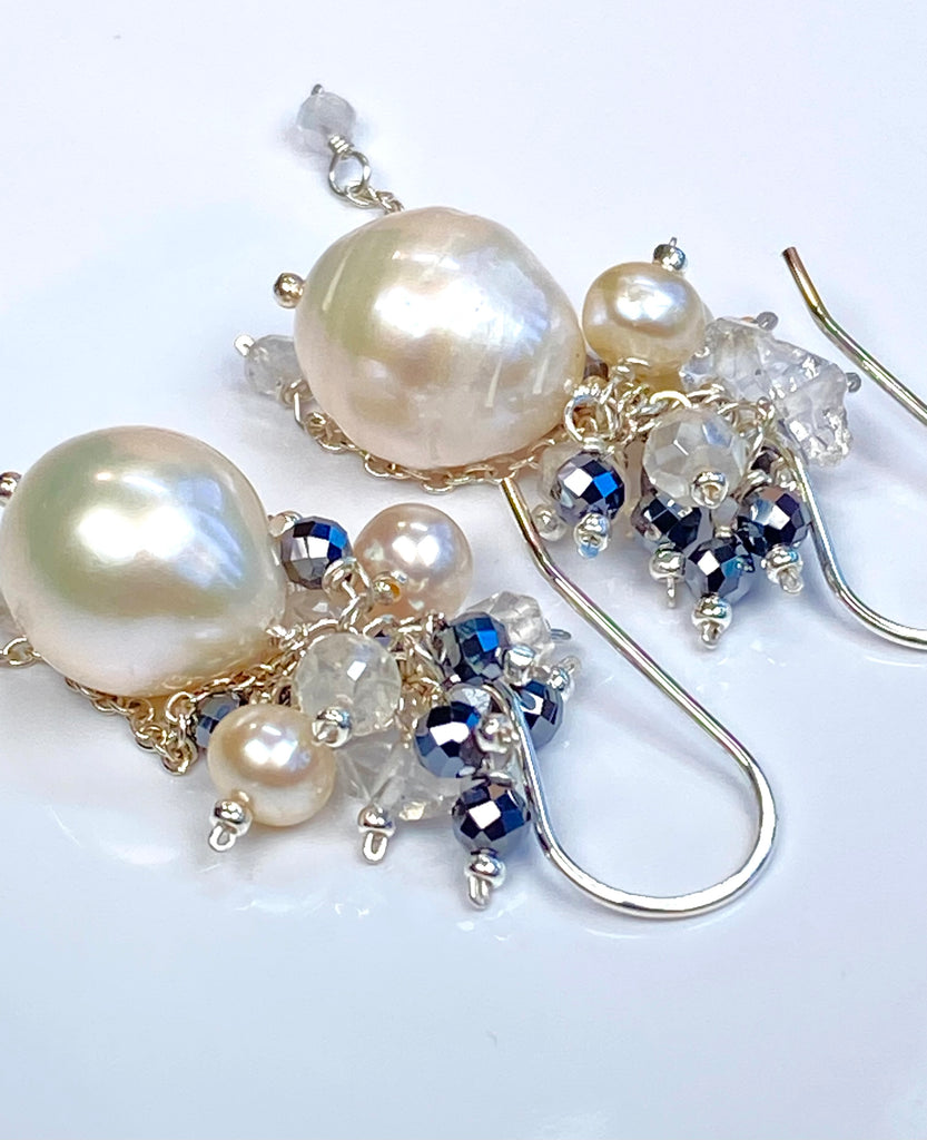 Ivory Pearl Cluster Earrings with Moonstone, Mystic Quartz & Herkimer Diamond