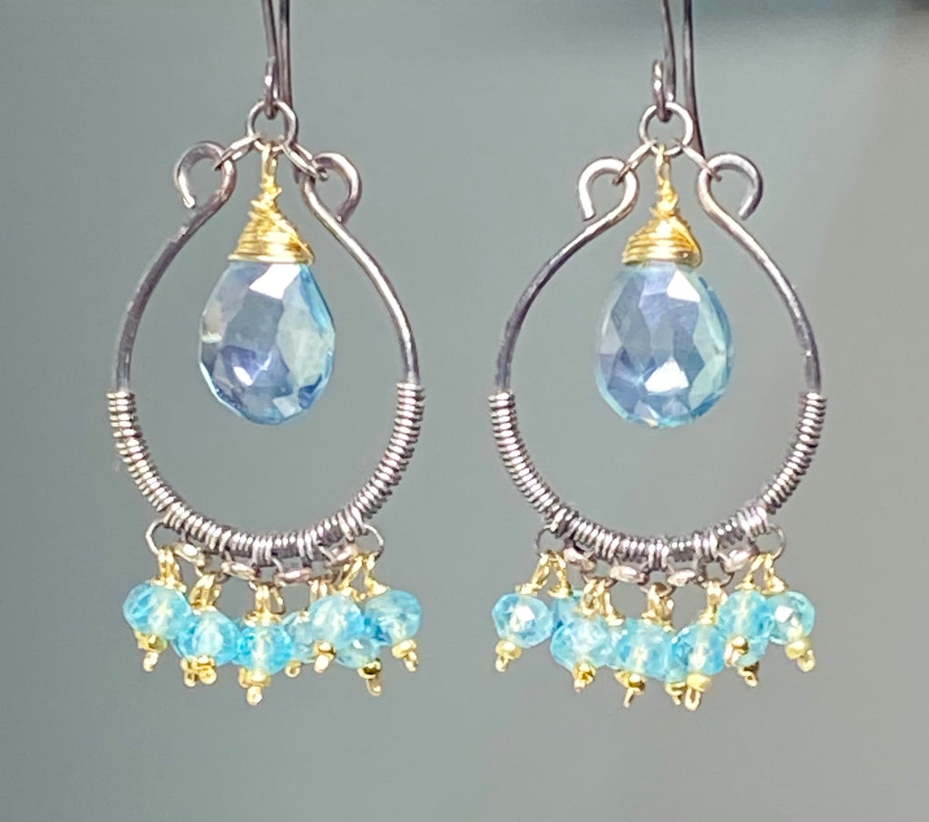 Aqua Apatite Oxidized Sterling Silver Hoop Chandelier Earrings