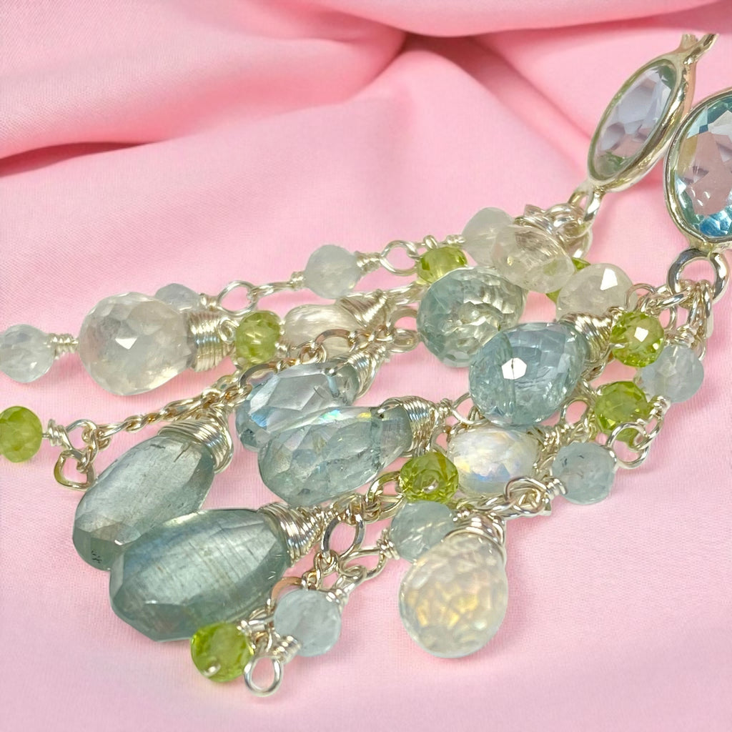 Blue Topaz, Peridot Long Gem Dangle Earrings Sterling Silver