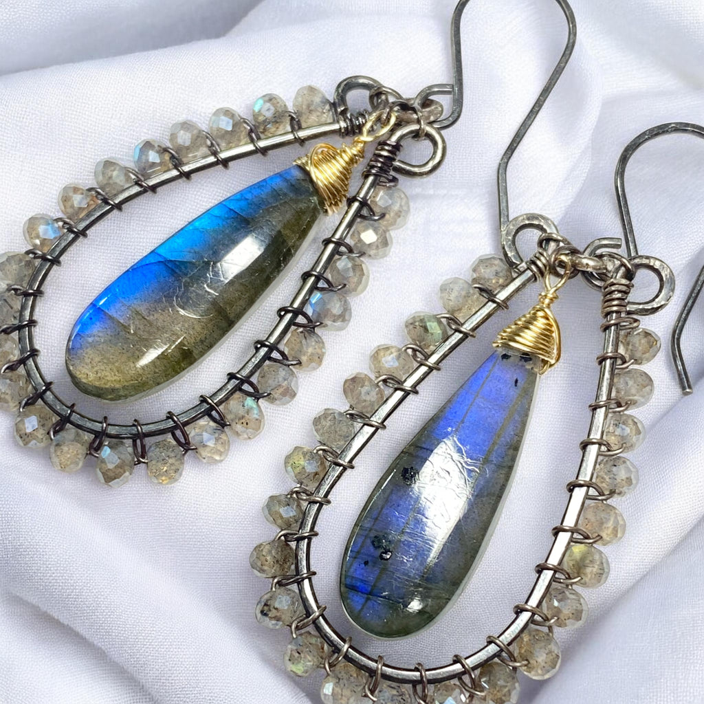 Blue Flash Labradorite Long Hoop Earrings - Oxidized Sterling Silver and Gold Fill - Doolittle