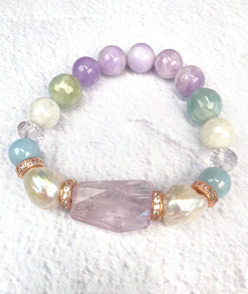 Kunzite, Pearl, Pastel Gemstone Stretch Stacking Bracelet - Doolittle
