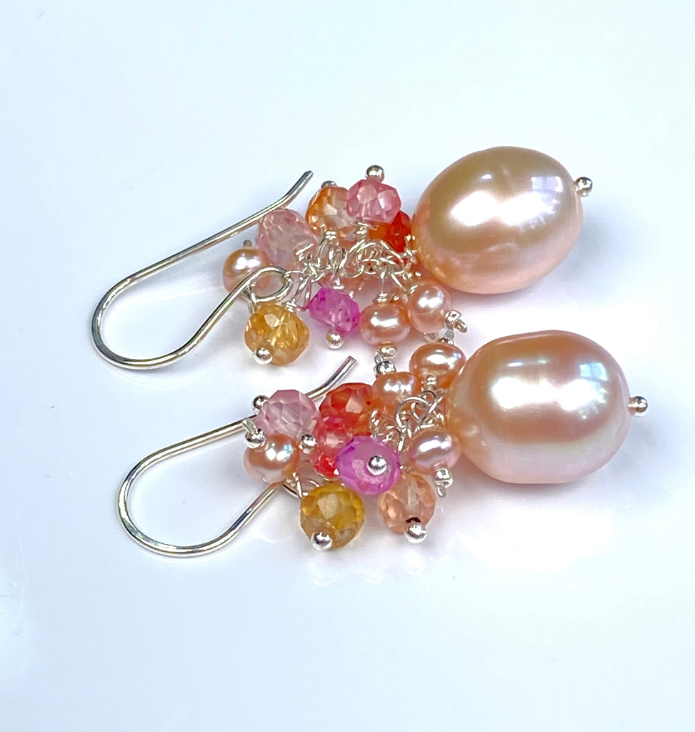 Blush Pink Pearl Cluster Earrings with Padparadscha Sapphires, Sterling Silver