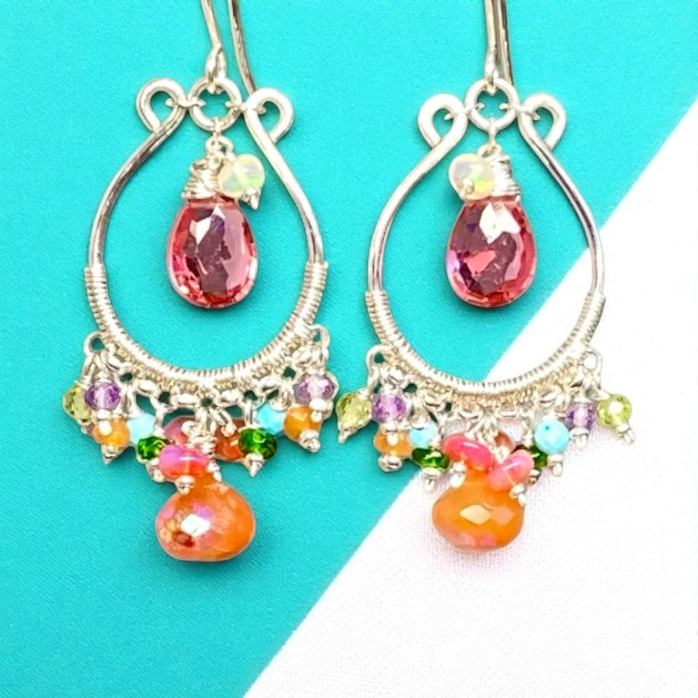 Pink, Orange, Multi Gemstone Sterling Silver Hoop Chandelier Earrings