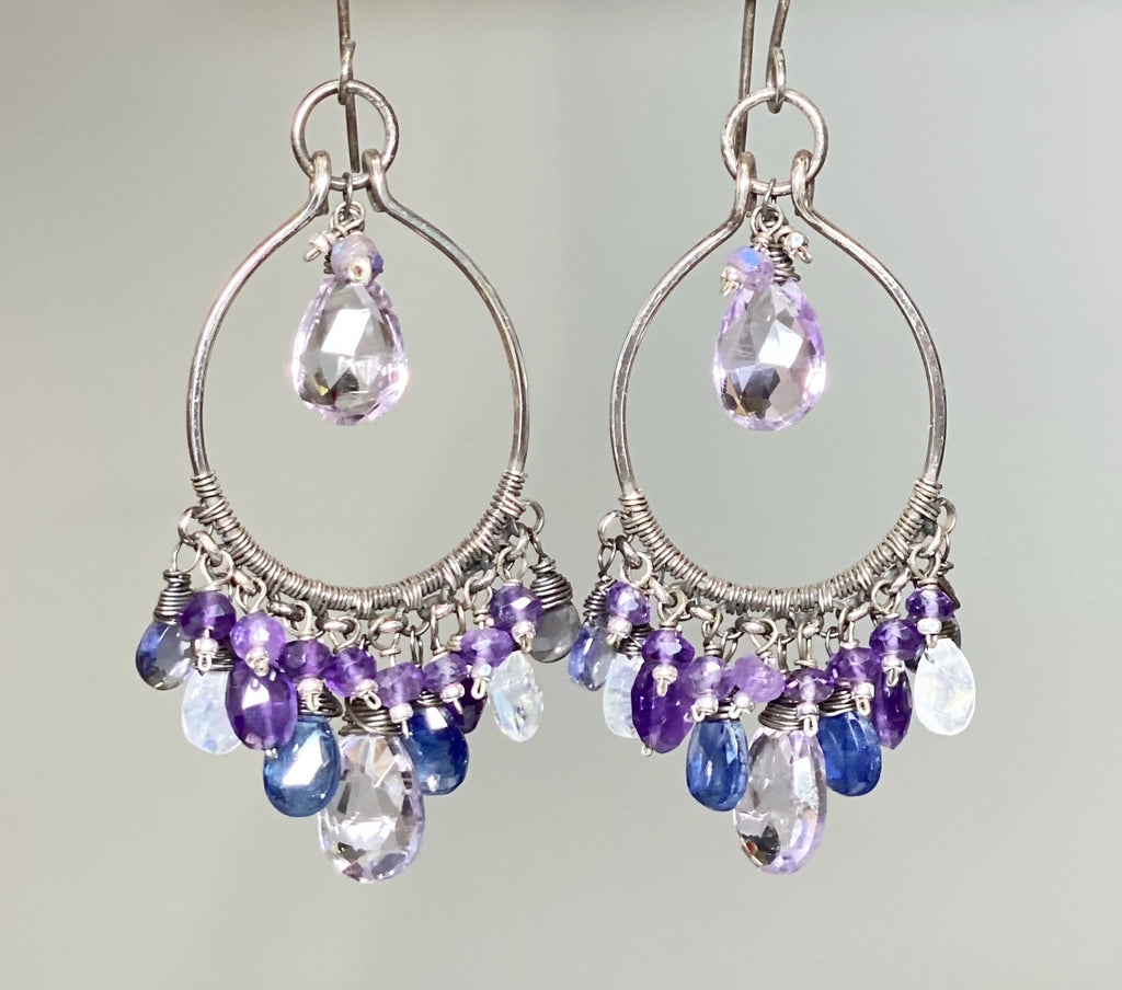 Blue Purple Gemstone Chandelier Hoop Earrings Oxidized Silver