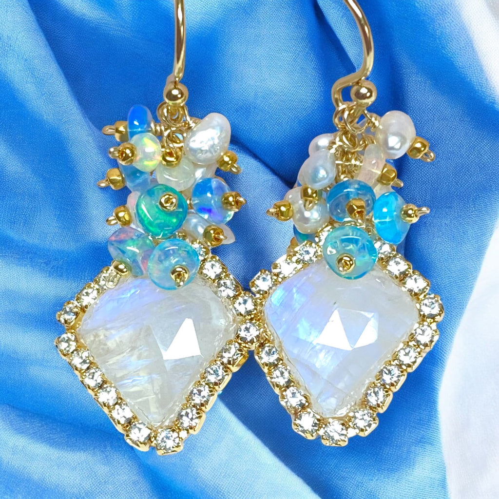 Rainbow Moonstone Diamond Style, Opal Cluster Dangle Earrings Gold