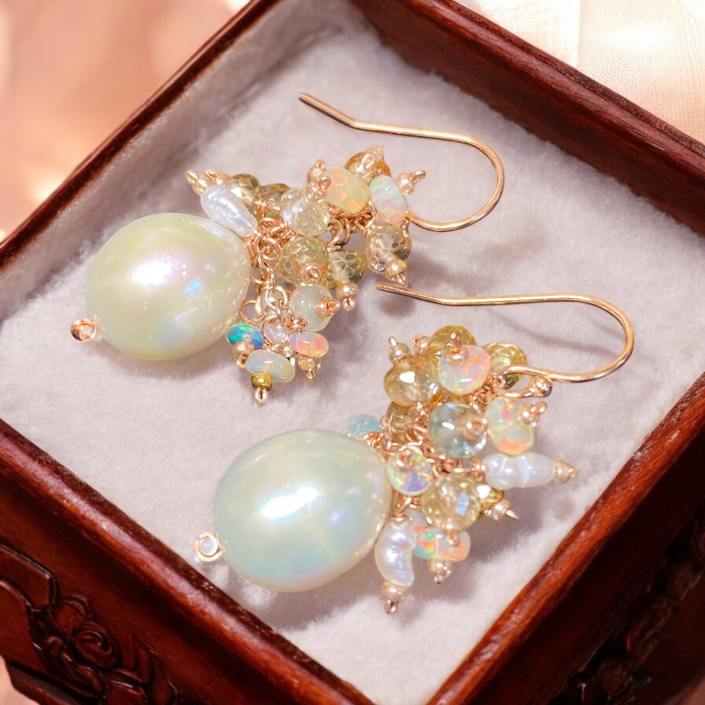 Natural Zircon Gemstone, Opal and Pearl Cluster Earrings, Rose Gold Fill