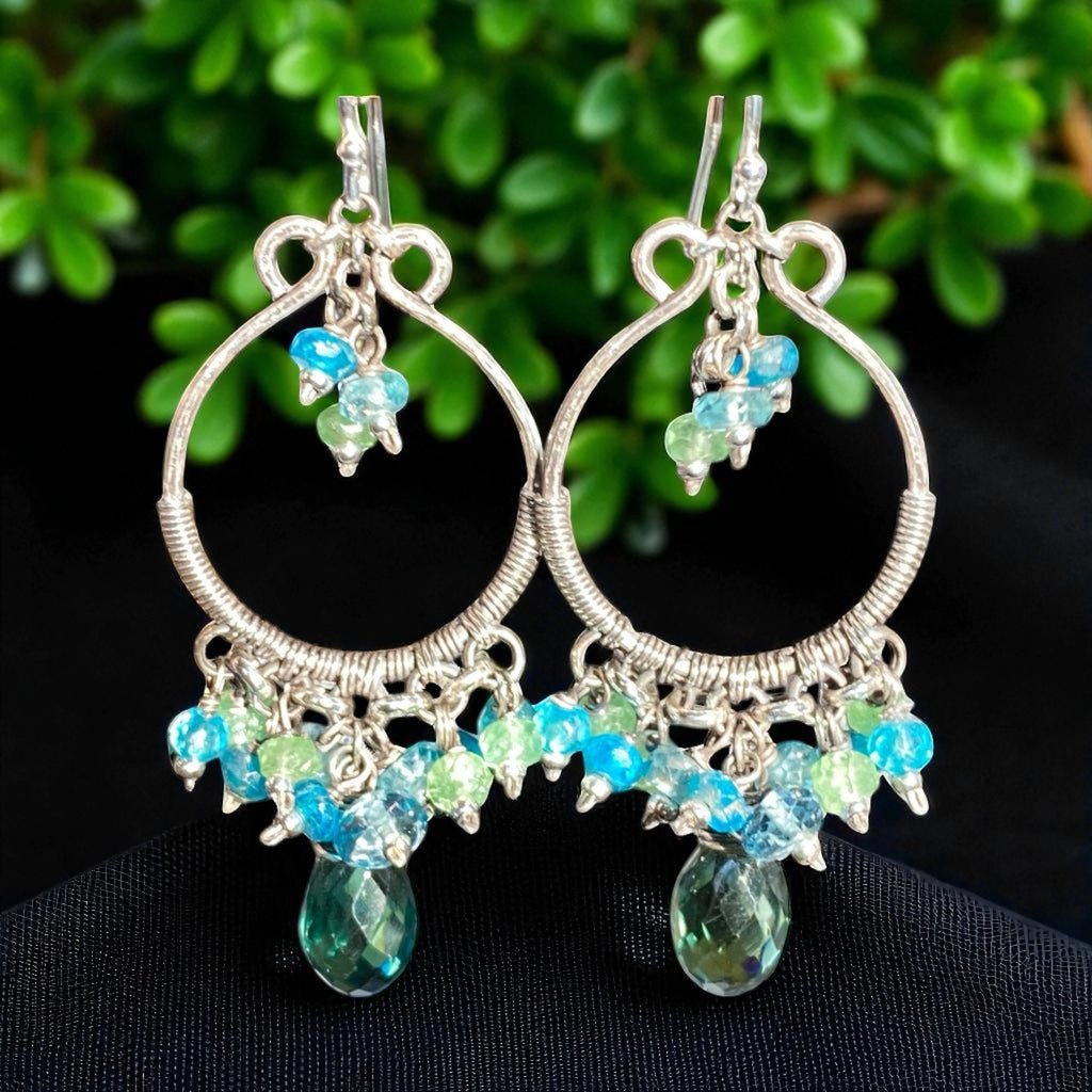 Oxidized Silver Hoop Chandelier Earrings, Aqua, Green Tsavorite, Blue Topaz 2