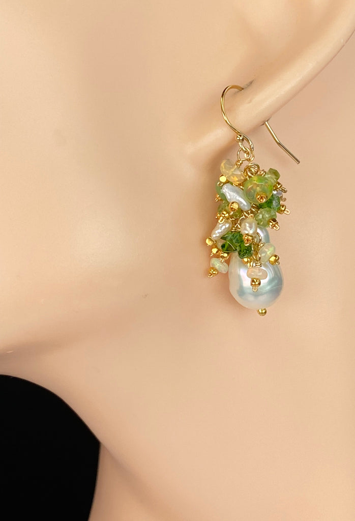 Green Ethiopian Opal, Peridot & Flameball Pearl Cluster Earrings