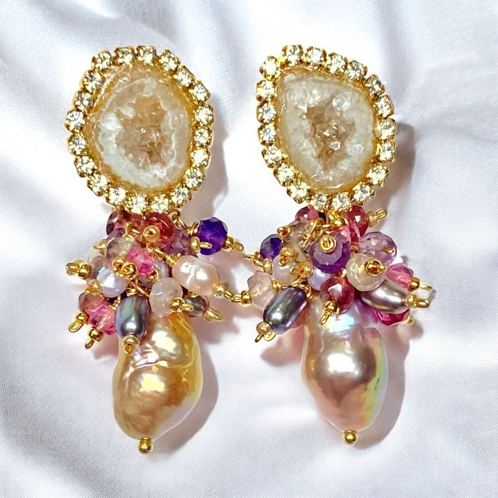 Tabasco Geode and Pink Baroque Pearl Cluster Post Earrings