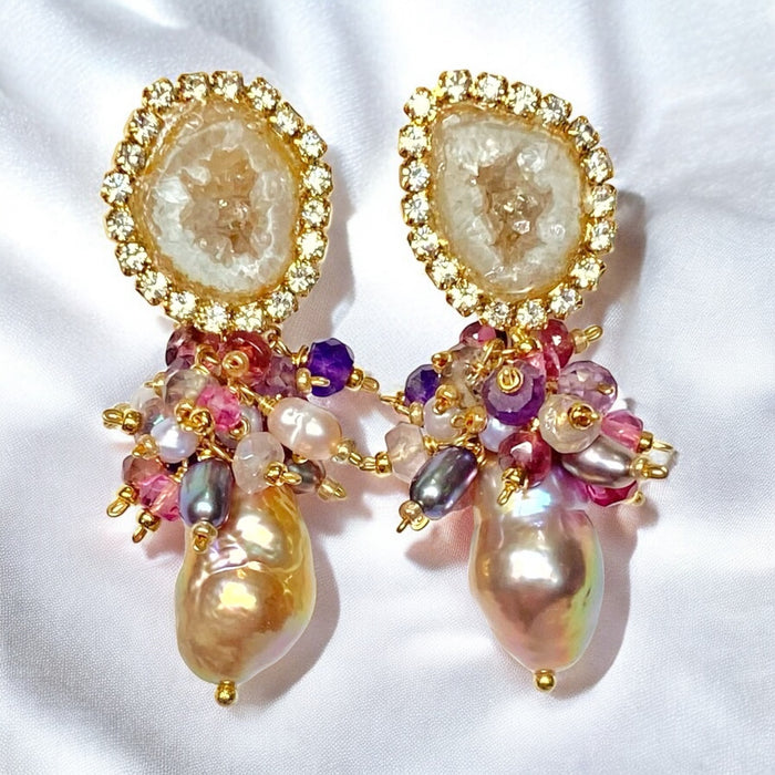 Tabasco Geode and Pink Baroque Pearl Cluster Post Earrings