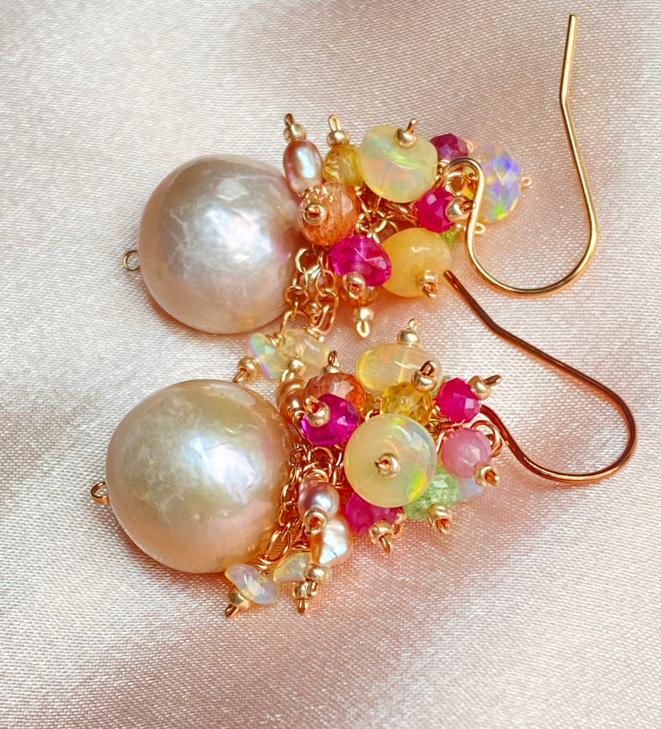 Blush Pearl Multicolor Opal Gemstone Cluster Earrings Rose Gold Fill