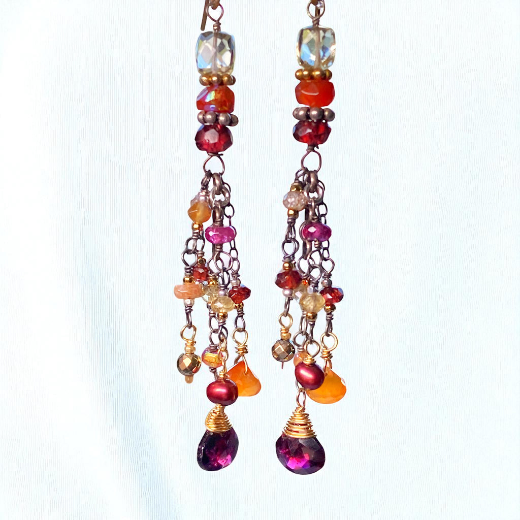 Multi Gemstone Gem Dangle Earrings, Boho Tassel Style, Red Garnet, Carnelian, Citrine, Mixed Metal