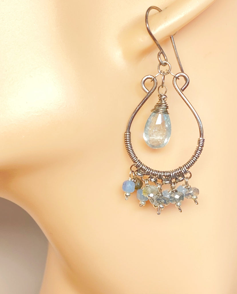 Aquamarine Oxidized Sterling Silver Hoop Chandelier Earrings