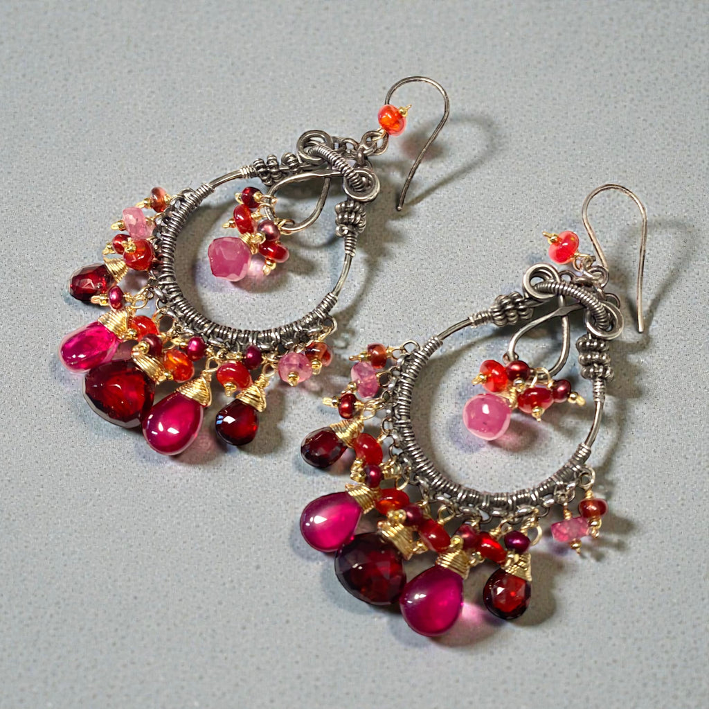 Red Garnet Mixed Metal Chandelier Hoop Earrings - Red Opals, Pink Sapphire Sterling Silver Gold Fill