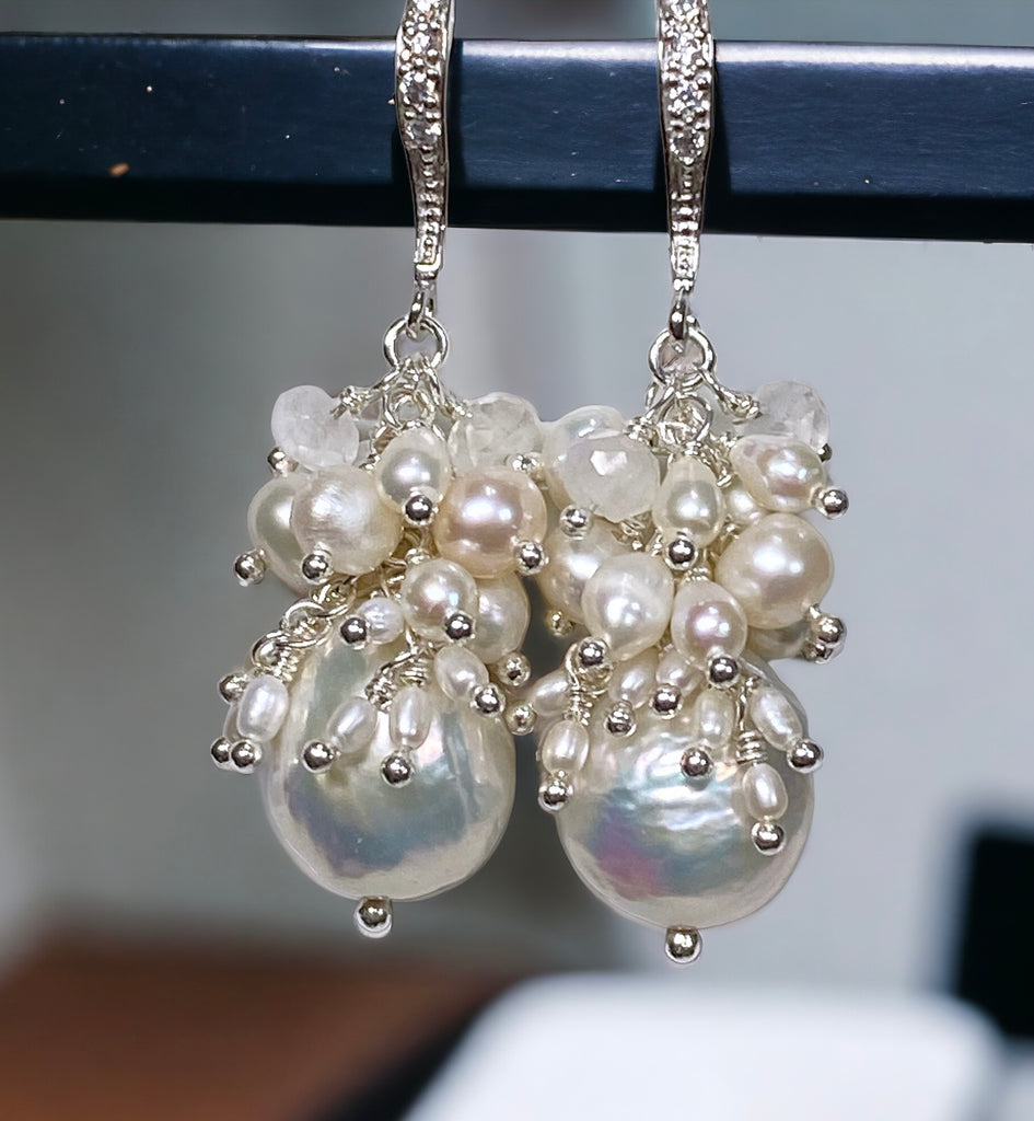 White Edison Pearl Cluster Earrings with Moonstone in Sterling Silver