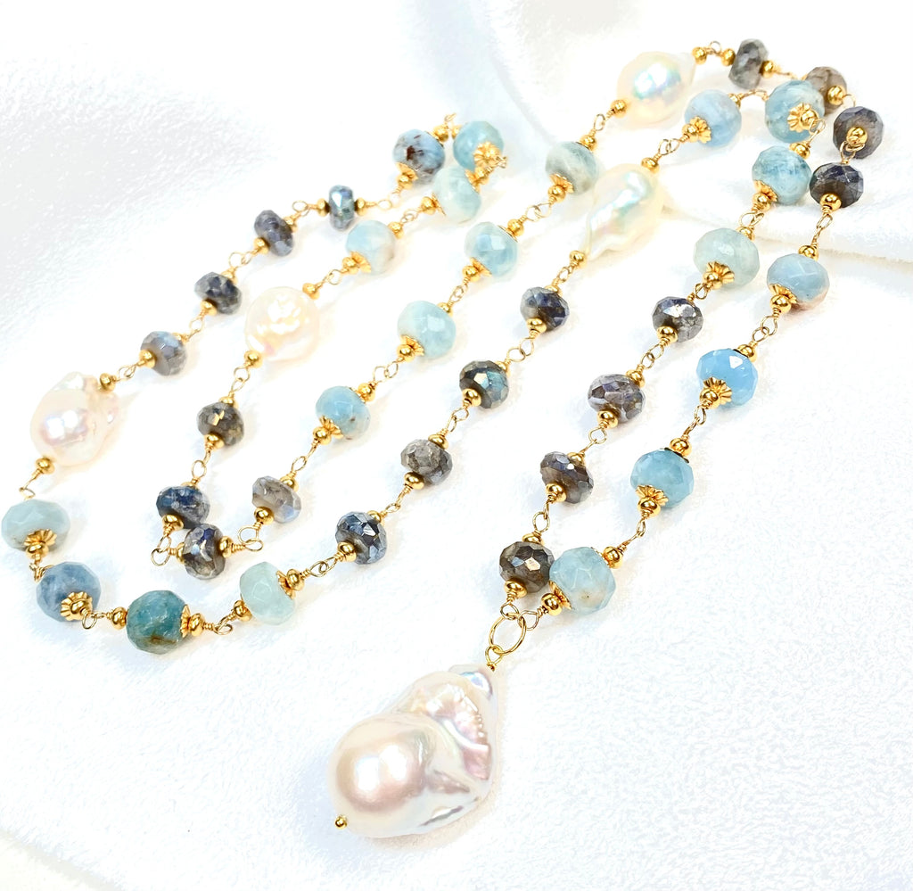 Aquamarine, Labradorite, Pearl Long Wire Wrapped Necklace