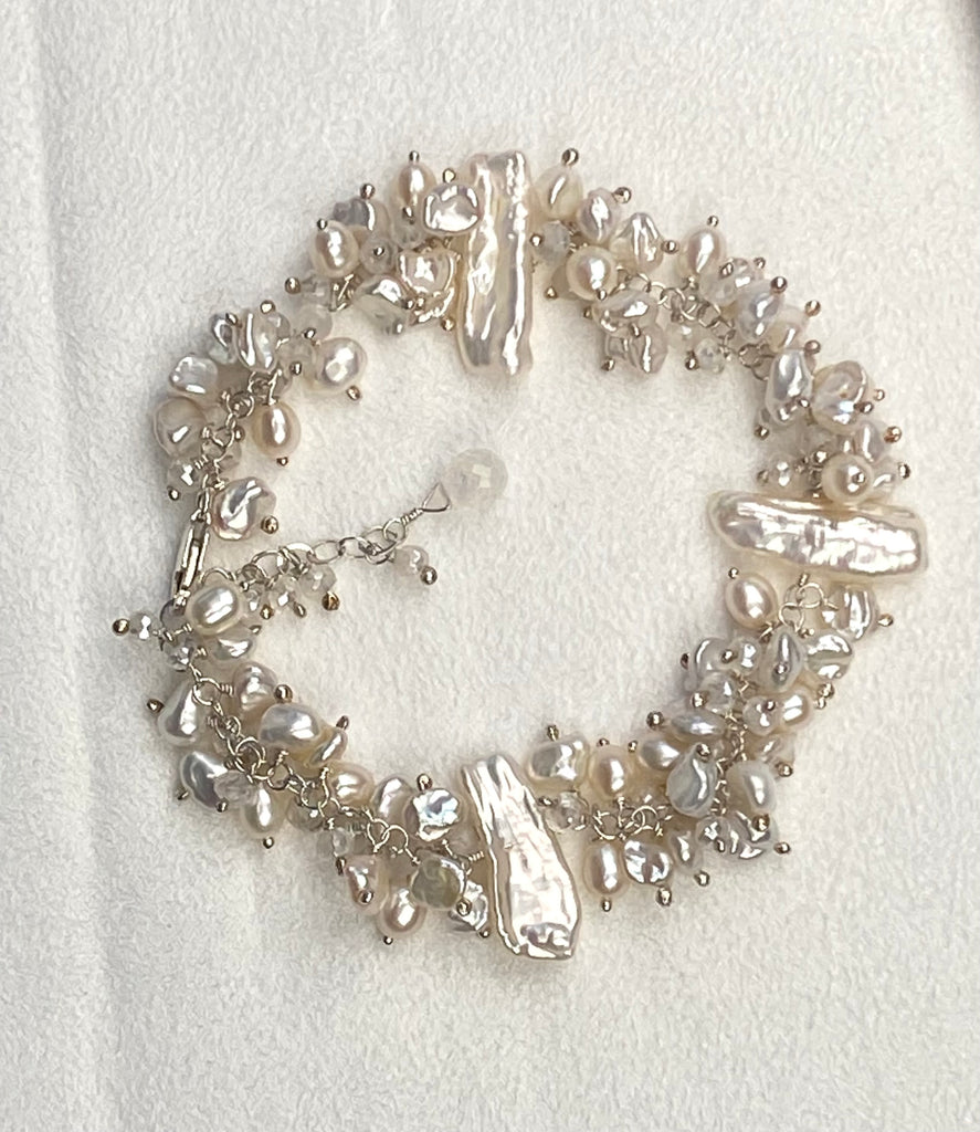 Keishi Pearl Bridal Bracelet Sterling Silver Mystic Crystal Pearl Cluster - Doolittle