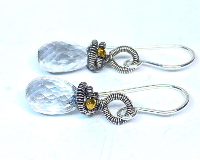 Crystal Quartz Dangle Drop Earrings, Oxidized Silver Mixed Metal