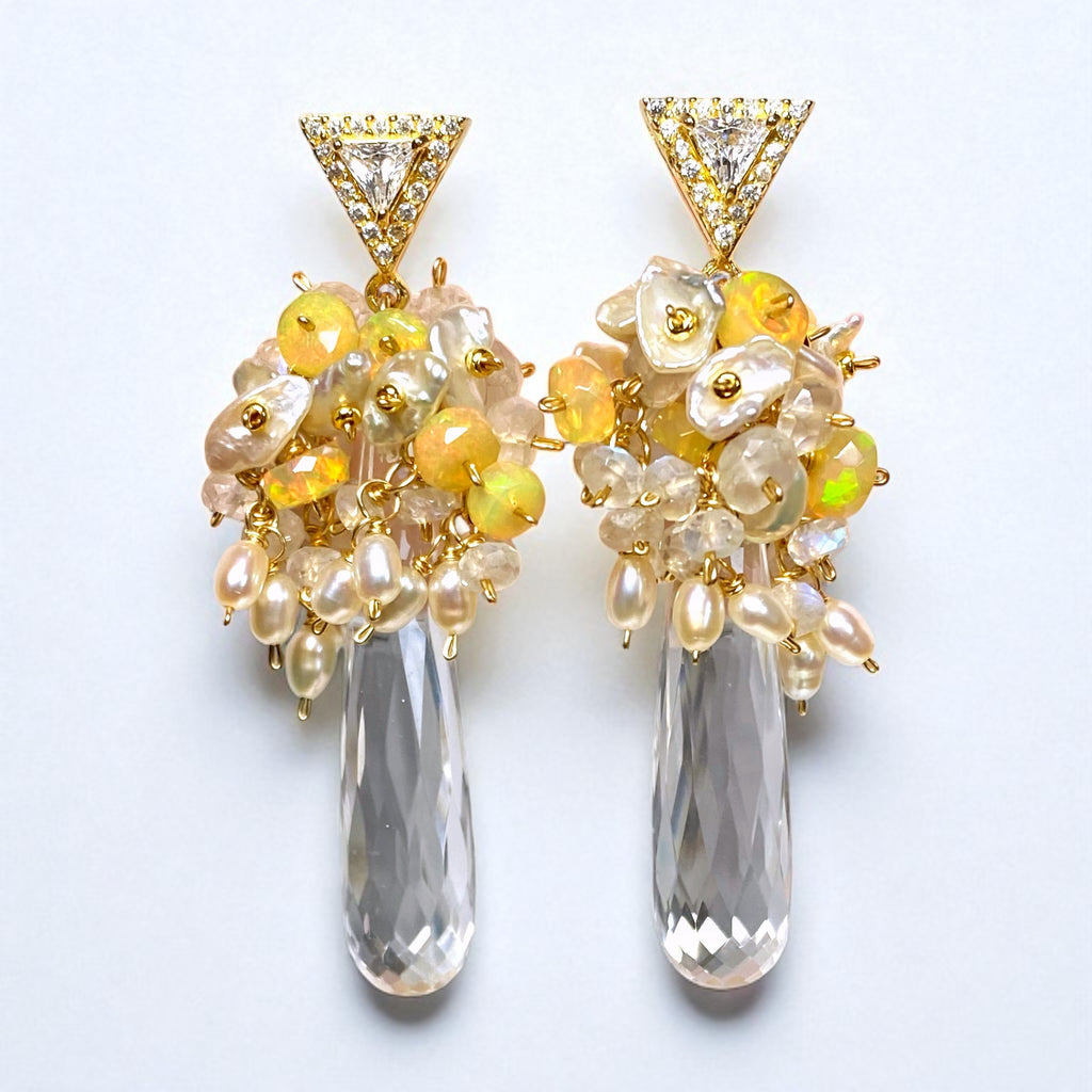Crystal Quartz Opal and Moonstone Cluster Earrings Gold Post
