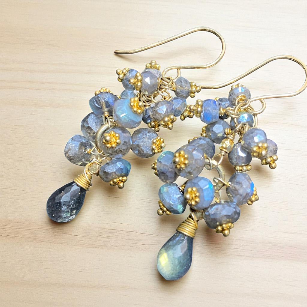 Mystic Labradorite Cluster Earrings Gold Vermeil