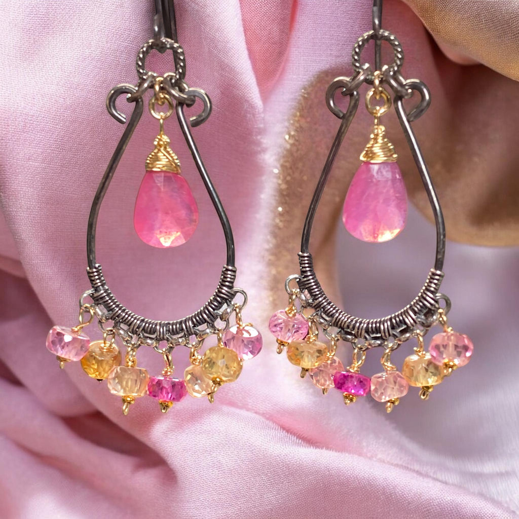 Padparadscha Pink Sapphire Chandelier Hoop Earrings — Fuchsia, Blush & Peach, Mixed Metals