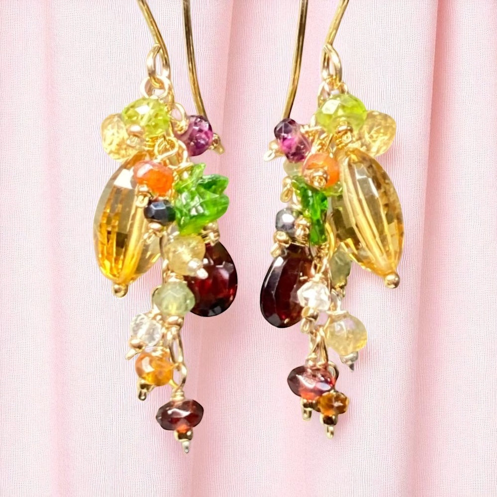 Citrine Dangle Earrings with Multi Gemstone Cluster, Garnet, Opal, Chrome Diopside