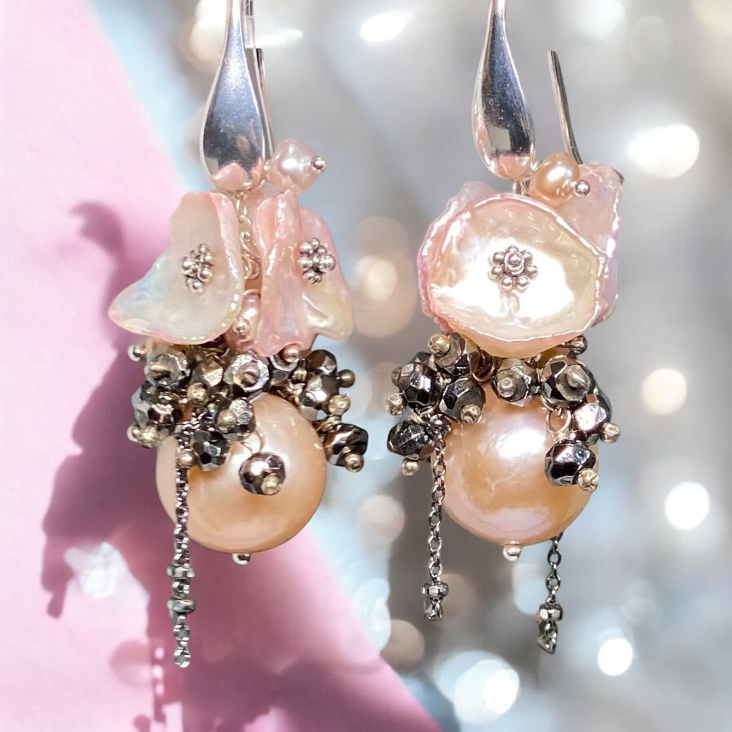 Pink Edison Pearl Cluster Earrings Blush Pink Keishi and Black Pyrite, French Style