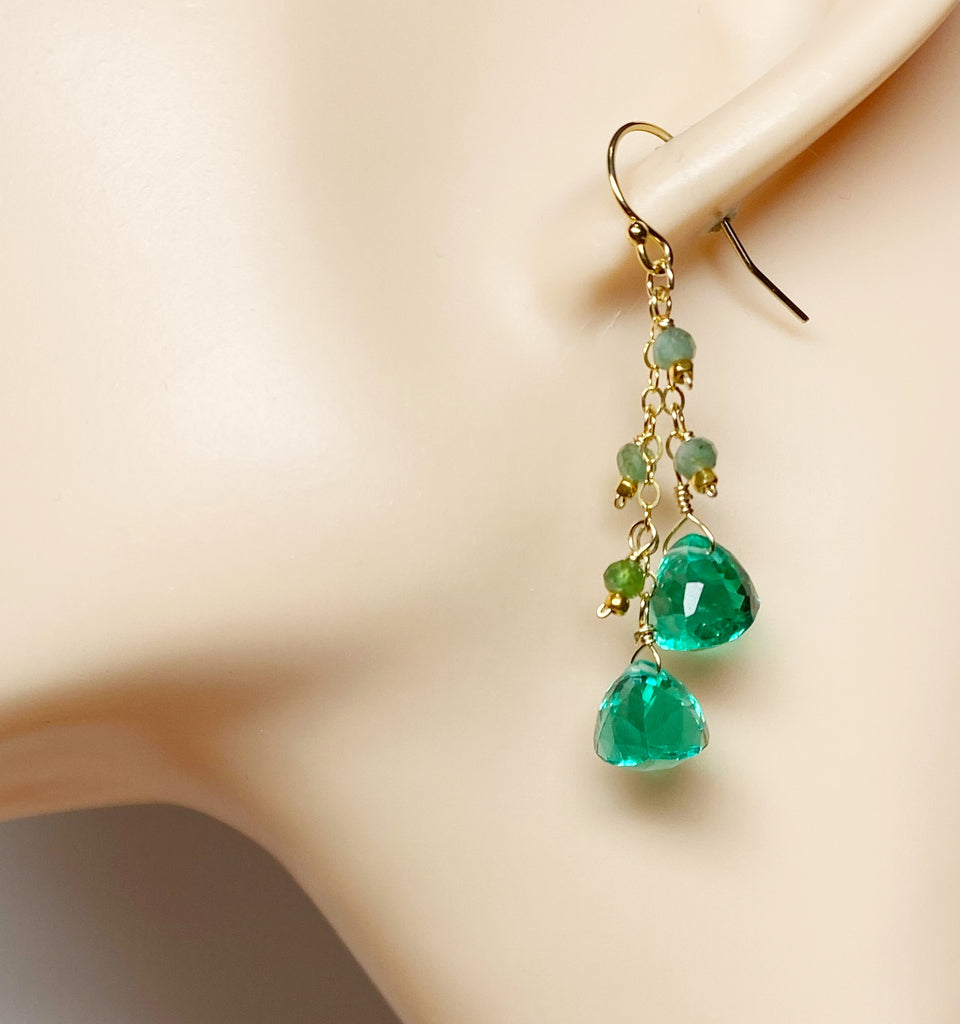 Natural Emerald Dangle Earrings Gold Fill