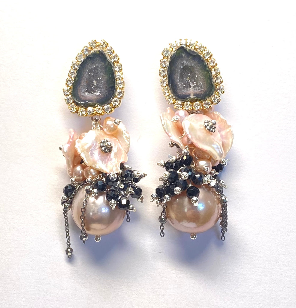 Pink Edison Pearl Cluster Earrings with Keishi and Black Geodes