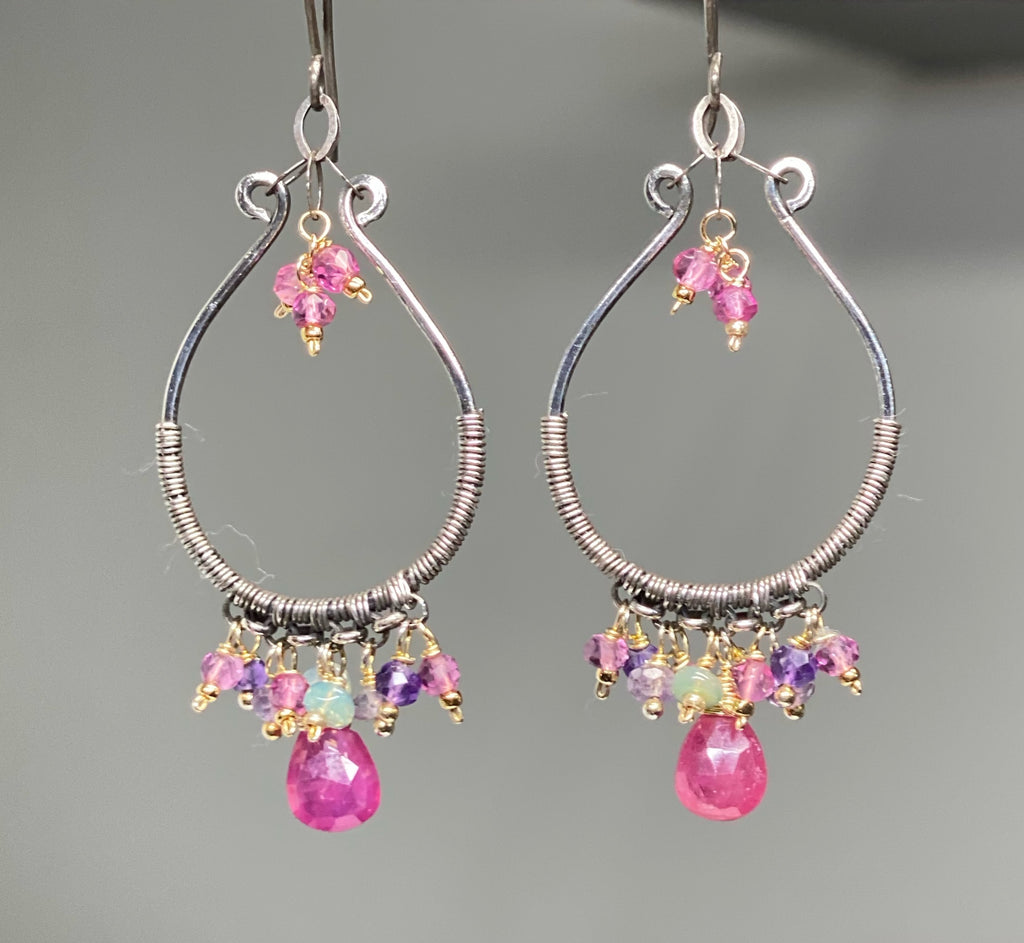 Oxidized Silver Hoop Chandelier Earrings, Pink Sapphire, Mixed Metals