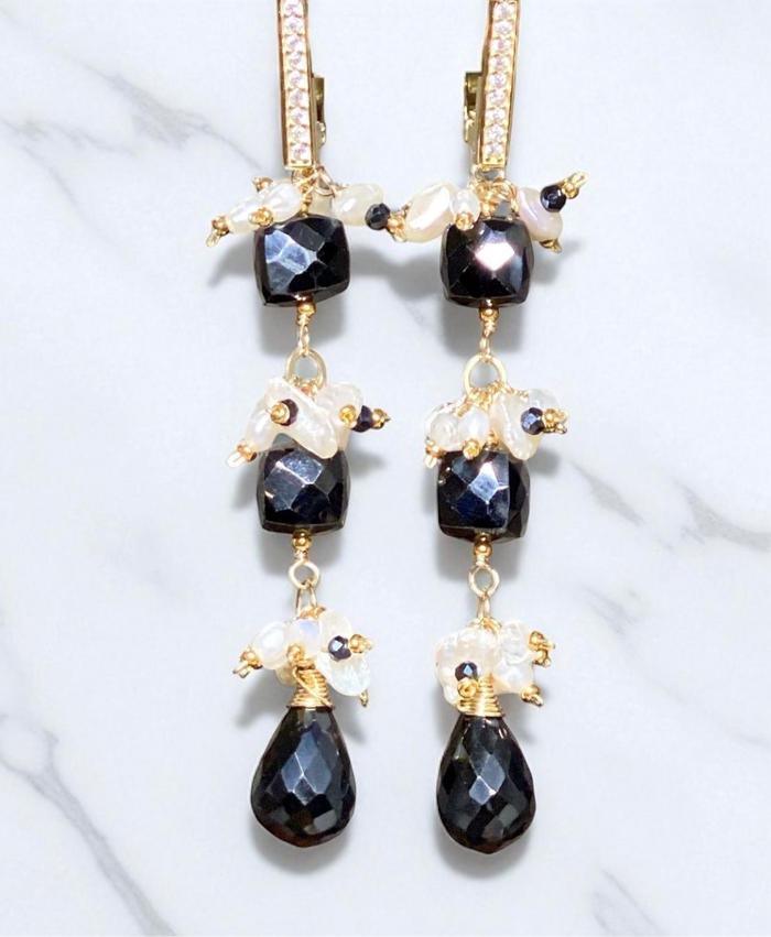 Black Spinel White Pearl Long Dangle Earrings