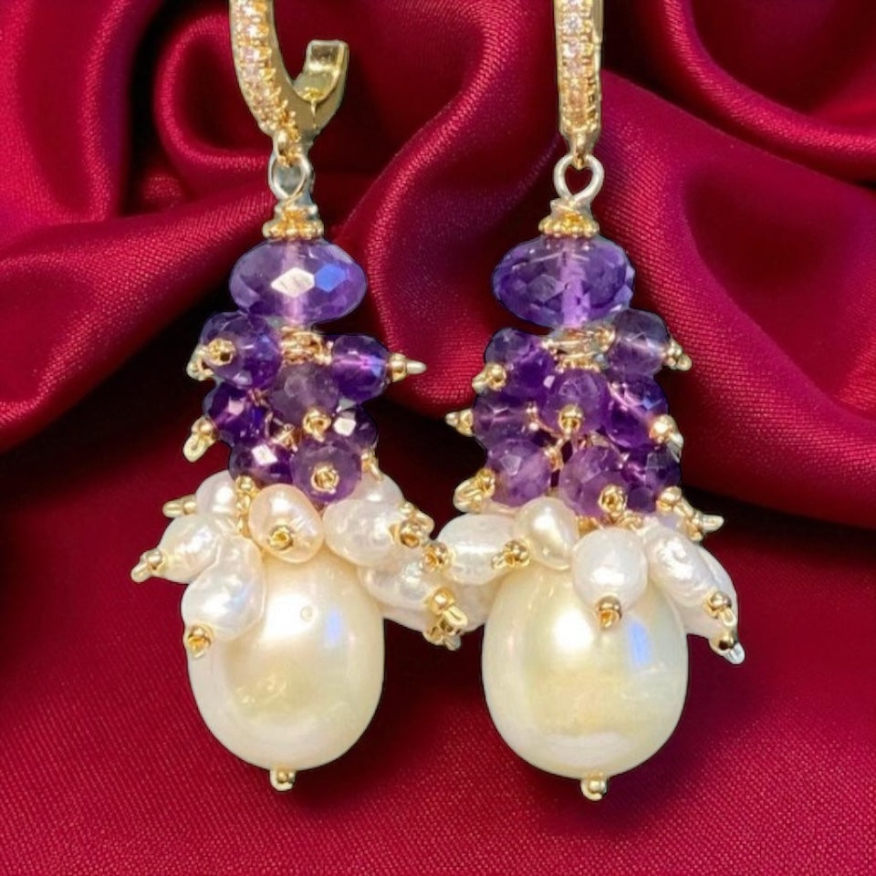 Amethyst Cluster Ivory Baroque Pearl Earrings