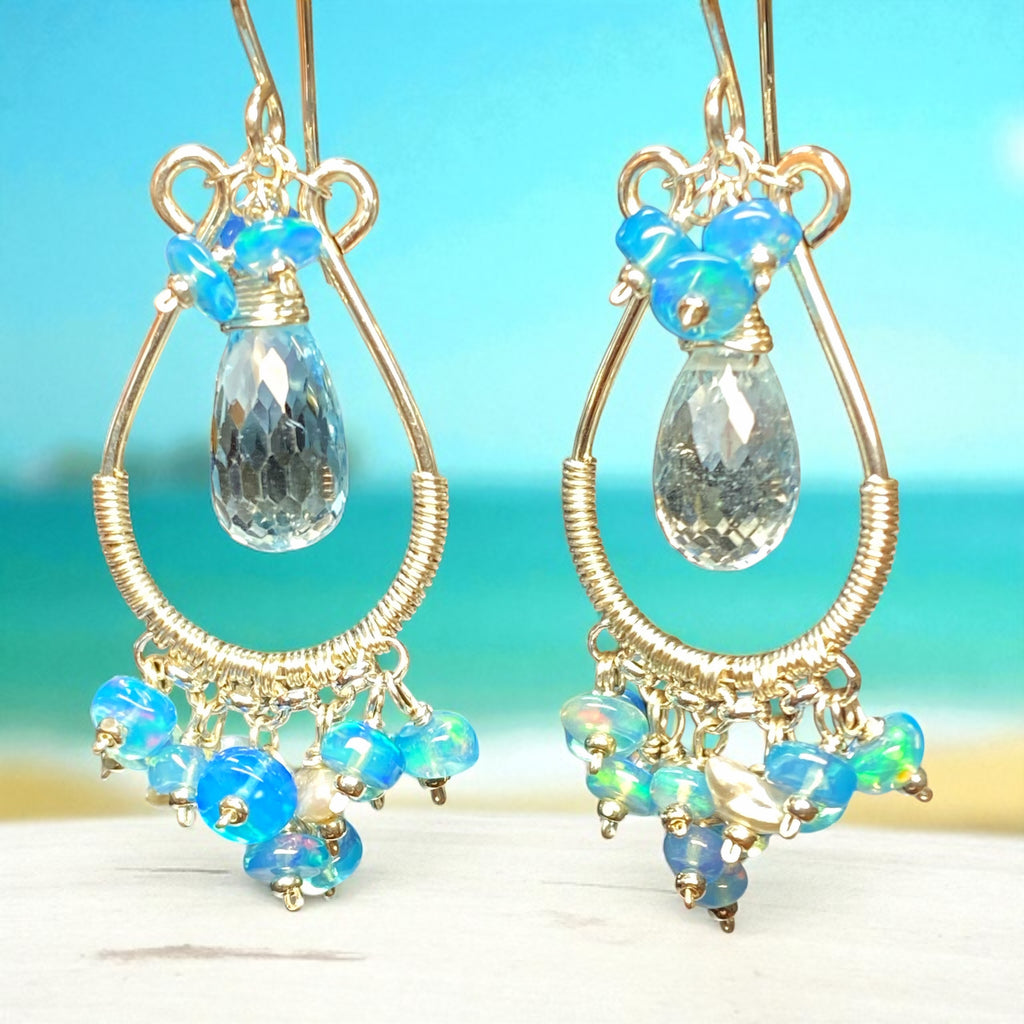 Blue Topaz and Opal Hoop Chandelier Earrings Sterling Silver