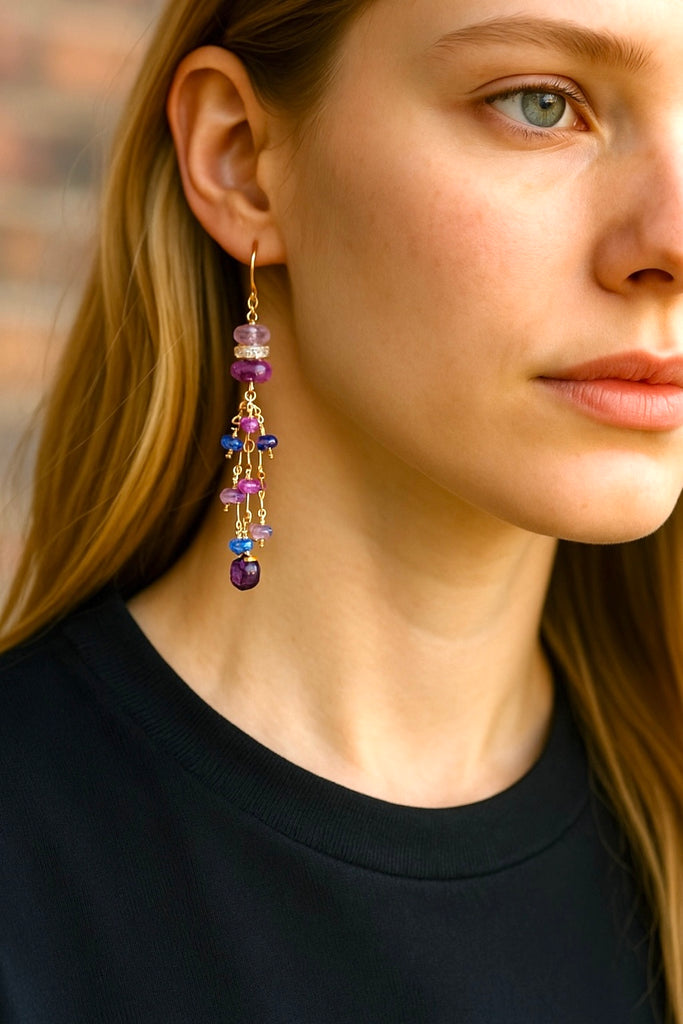 Blue Purple Gemstone Dangle Earrings, Tassel Style, Iolite, Amethyst, Gold Fill
