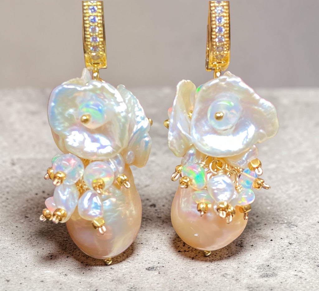 Baroque Edison Pearl Keishi Pearl Opal Cluster Earrings Bridal Gold - Doolittle