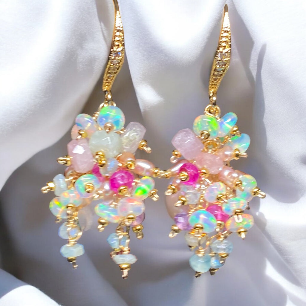 Pink Edison Pearl Opal Tourmaline Cluster Wedding Earrings Gold Fill - Bridal Jewelry - Doolittle