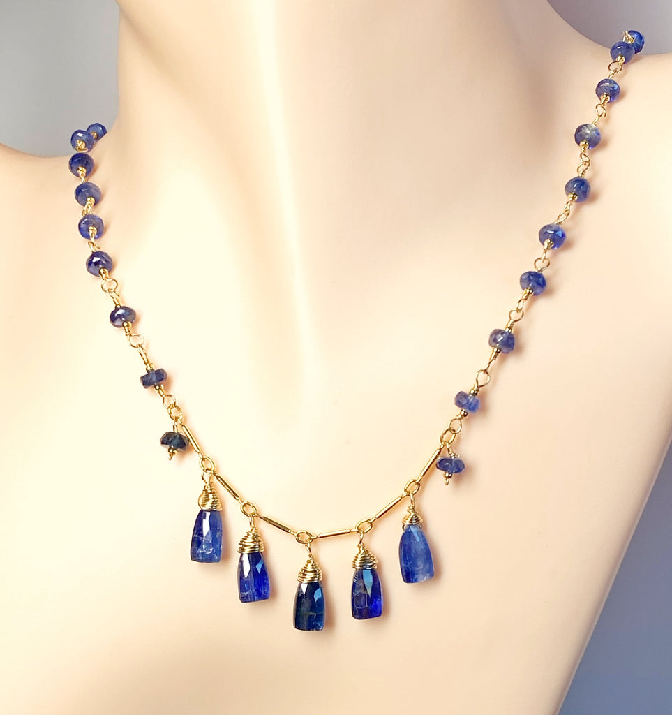 Blue Kyanite Gold Fill Dangle Necklace Rosary Style Wire Wrap