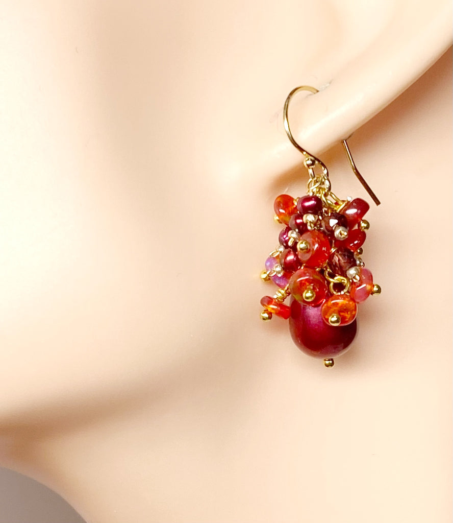 Red Freshwater Pearl Garnet and Opal Gemstone Cluster Earrings